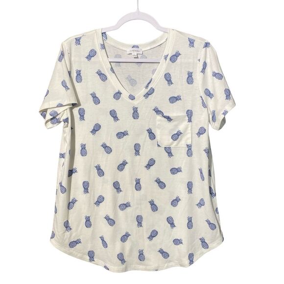 Creneau Soft Blue Pineapple Short Sleeve V Neck T- Shirt With Front Pocket Large - Picture 1 of 12
